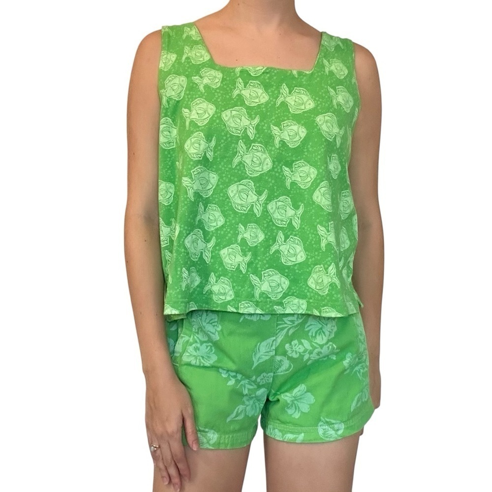Matching Set Tank Top Shorts Green Summer Beach Casual Fish Floral Size Small